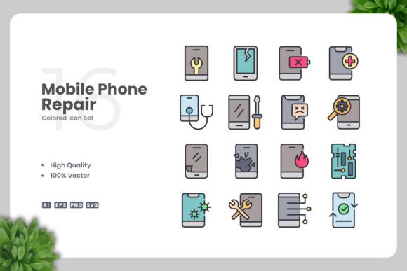 Mobile Phone Repair Colored Icons: A Versatile Design Solution for Every Project