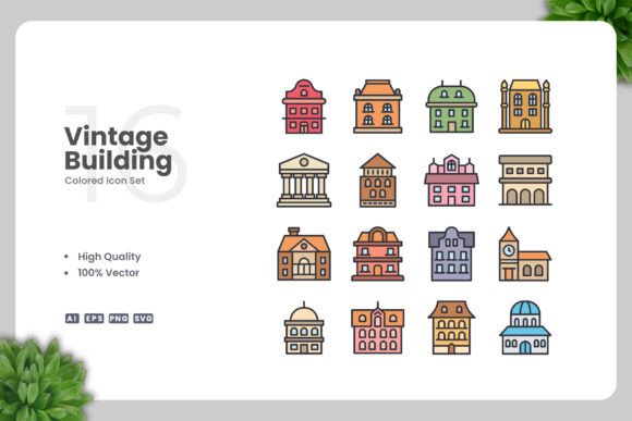 Vintage Building Colored Icons for Versatile Design Projects