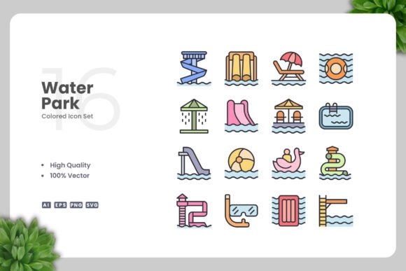 Water Park Colored Icons: A Versatile Design Resource for Digital and Print Media